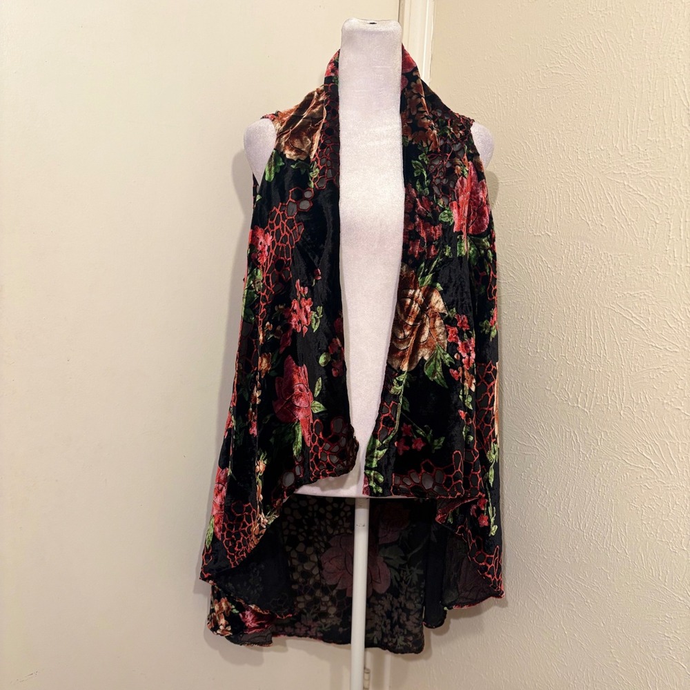 Vtg Y2K Black Burnout Velvet Floral Rose Open Front Sleeveless Kimono Vest Boho